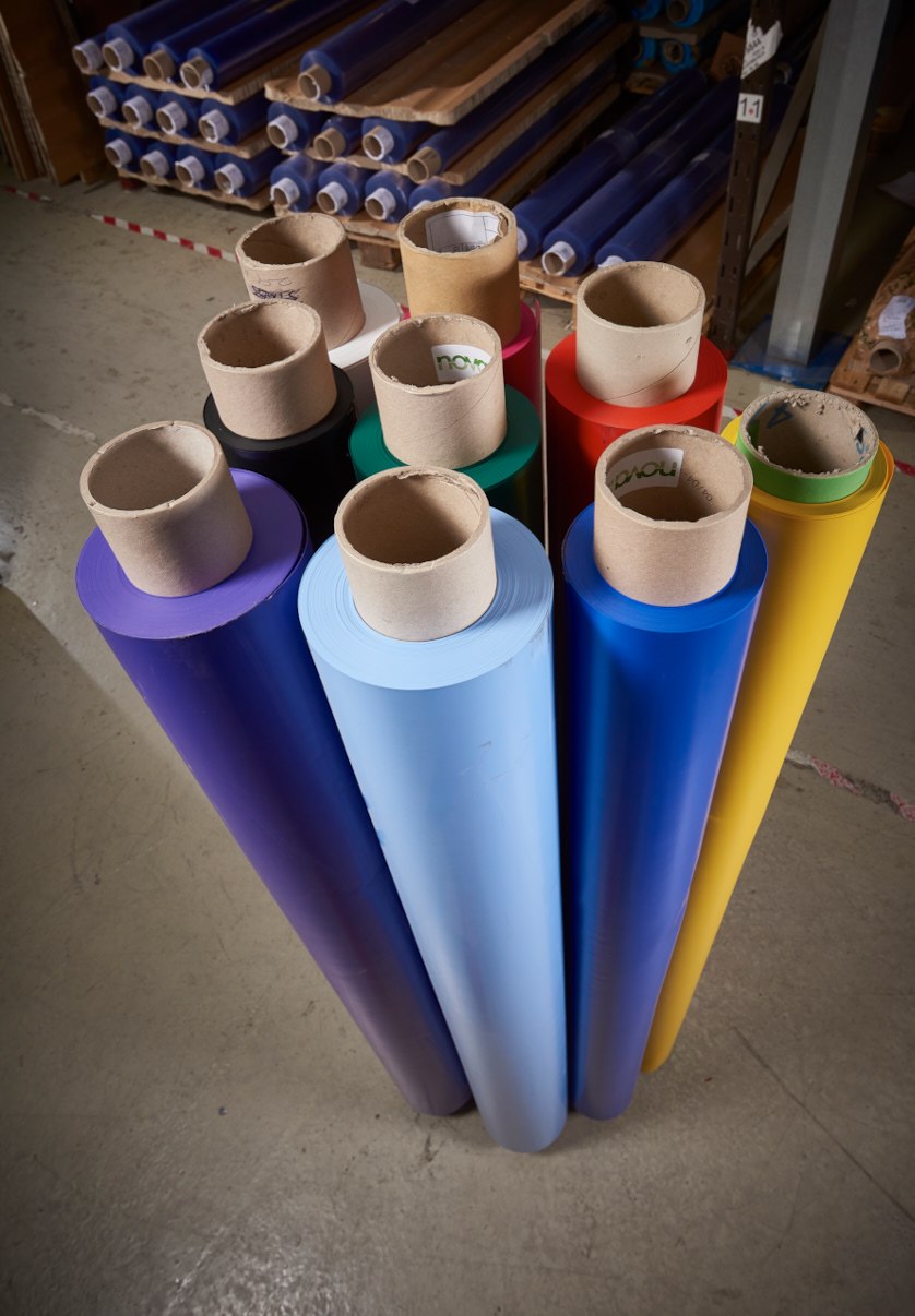 Plastic material rolls in a selection of colours